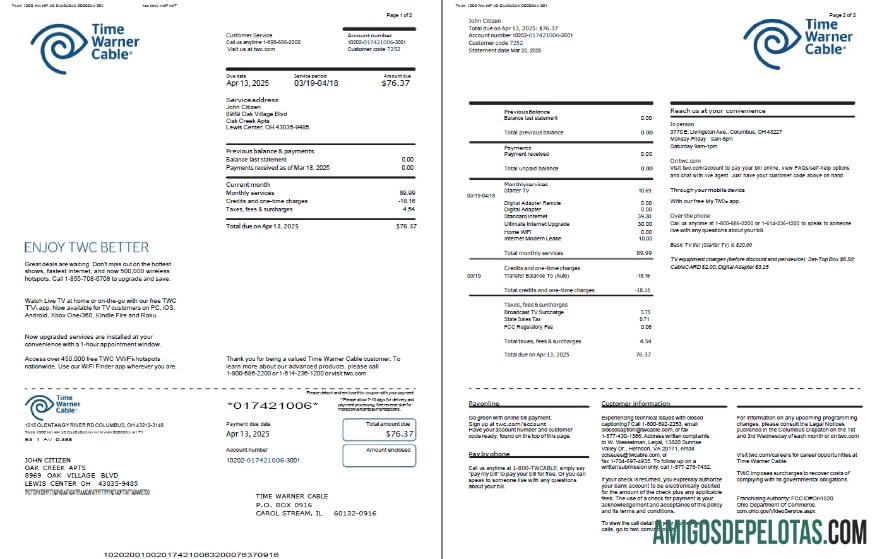 imprimível Modelo de conta de serviços públicos da Time Warner Cable dos EUA em formatos Word e PDF, 2 páginas